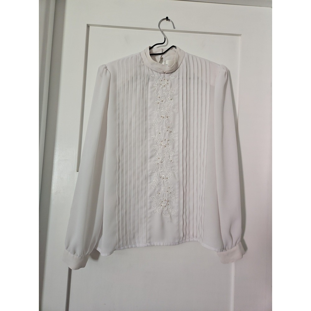 Diversity Vintage White Mock Blouse Embroidered Pearl Pleated Long Sleeve Sz 12